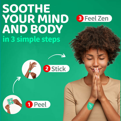 Advertisement for 'Feel Zen' product showing a woman with a green patch on her wrist against a green background.