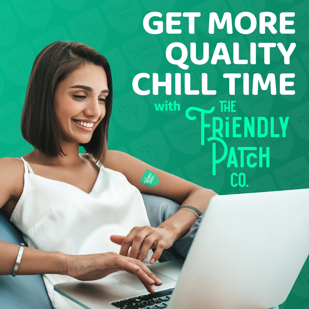 Woman using a laptop with a green patch on her arm, promoting 'The Friendly Patch Co.'