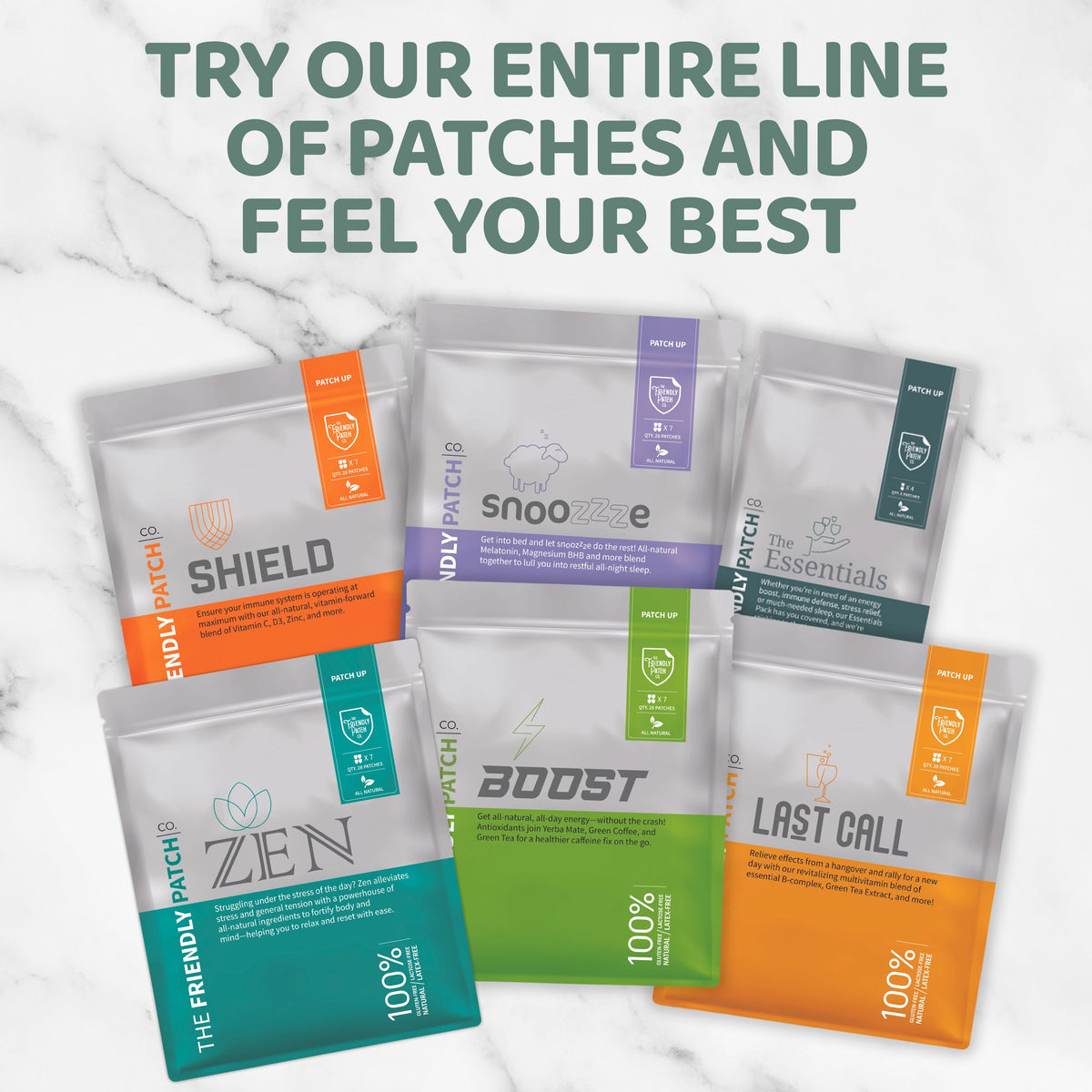 Collection of various patches with brand names on a white background