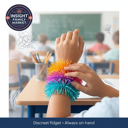 Colorful spiky sensory fidget bracelets on child's wrist in classroom setting for focus support