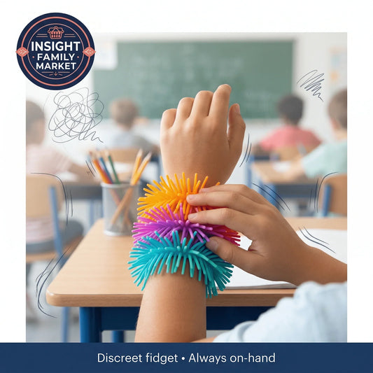 Colorful spiky sensory fidget bracelets on child's wrist in classroom setting for focus support