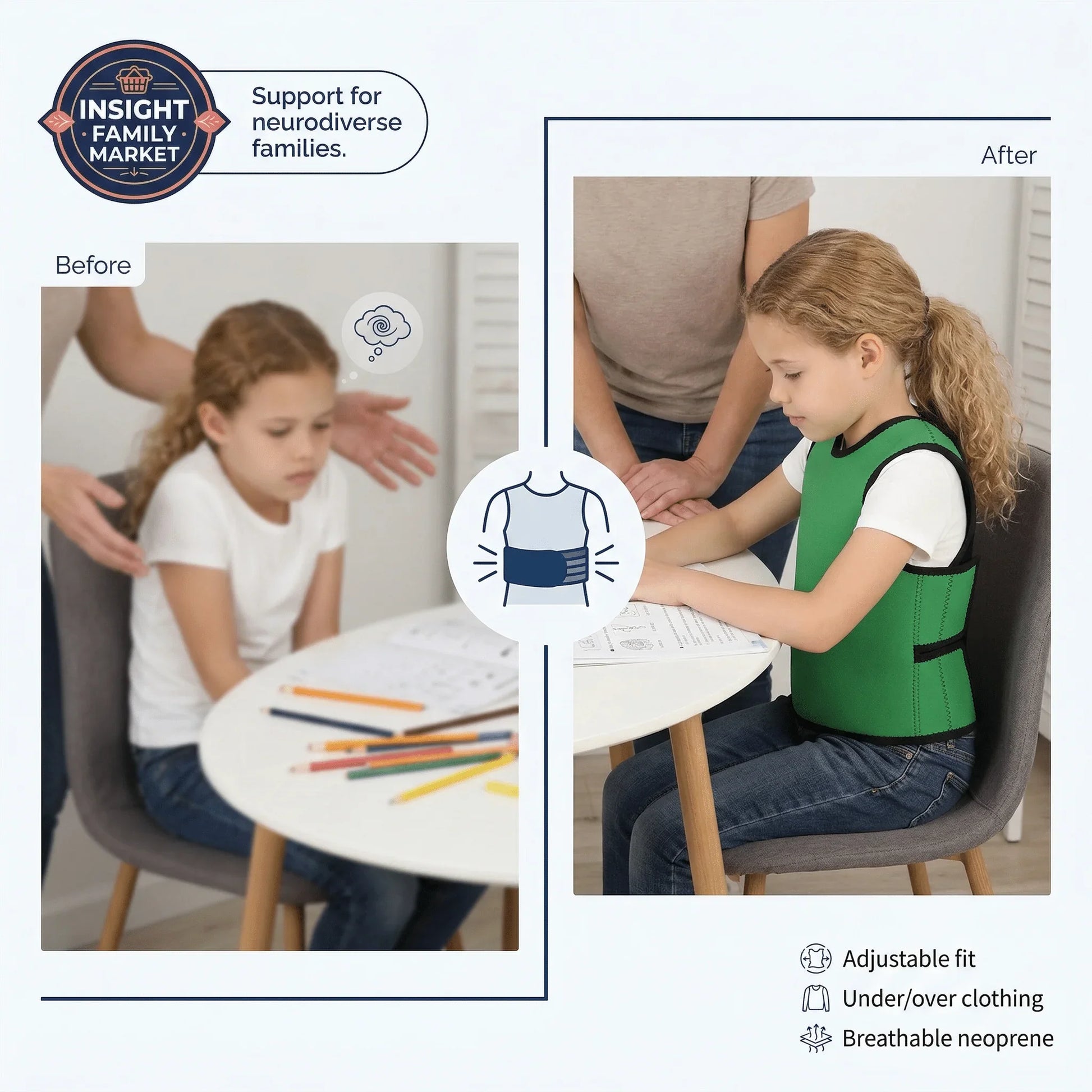 Child wearing a green sensory compression vest for focus at a desk, before and after comparison.