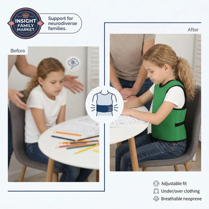 Child wearing a green sensory compression vest for focus at a desk, before and after comparison.