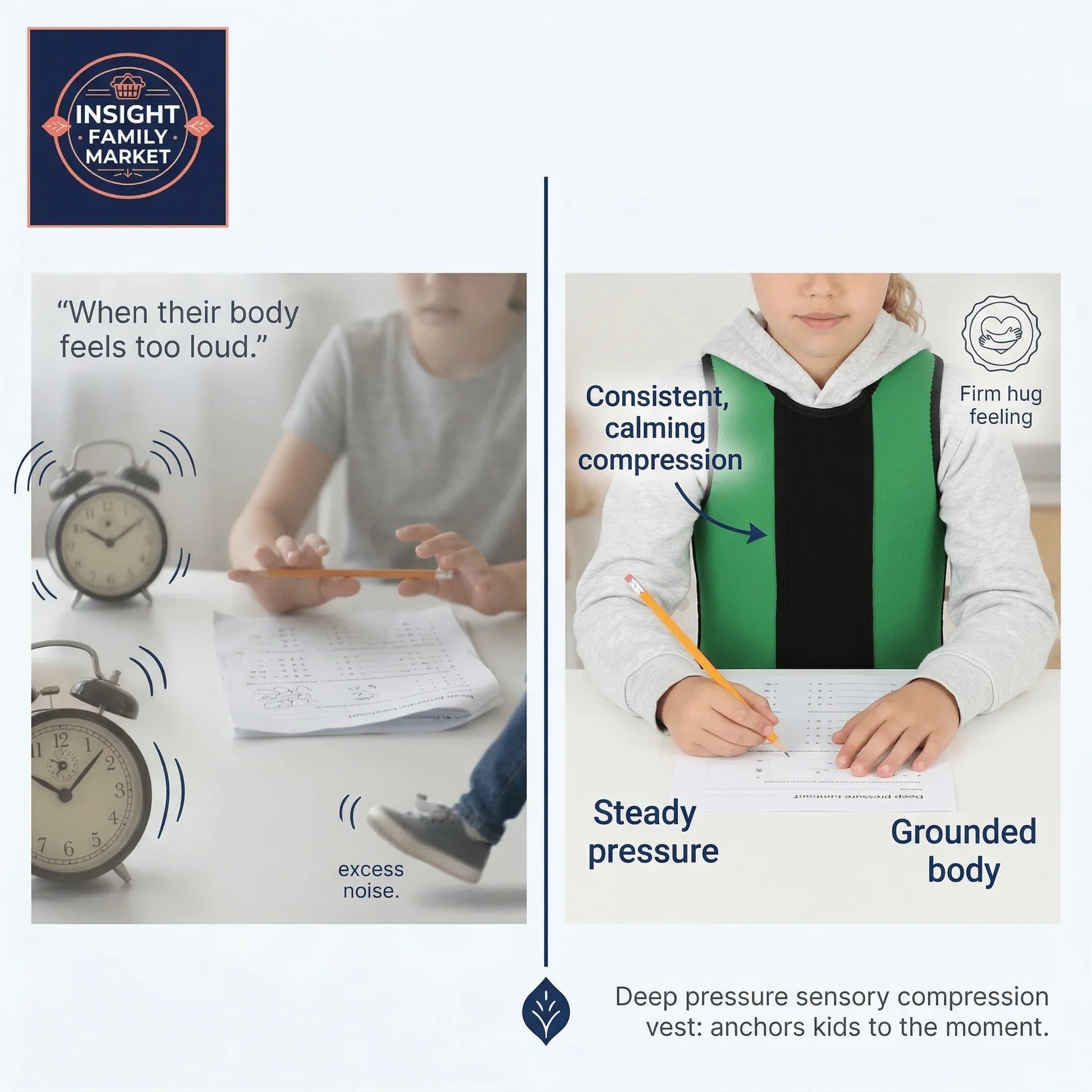 Child wearing green sensory compression vest for deep pressure, calming focus during study