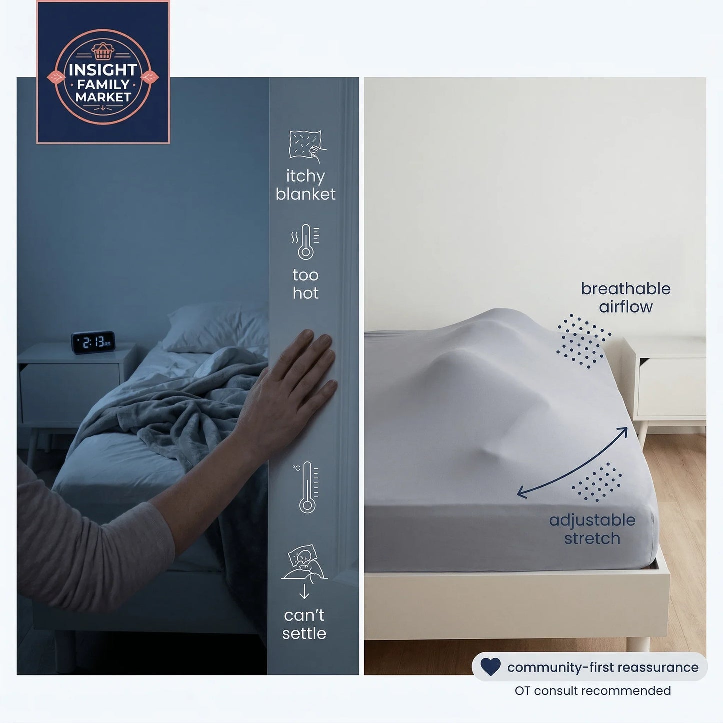 Split image comparing restless sleep with traditional blanket versus smooth, breathable stretch sensory sheet on bed