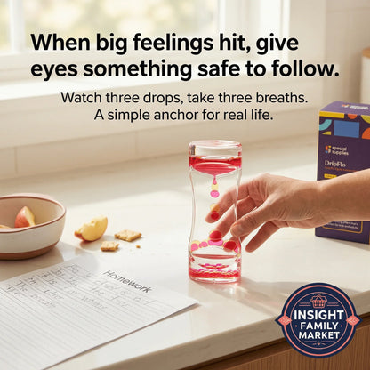 Hand using sensory liquid timer for focus, with homework and snacks on kitchen counter