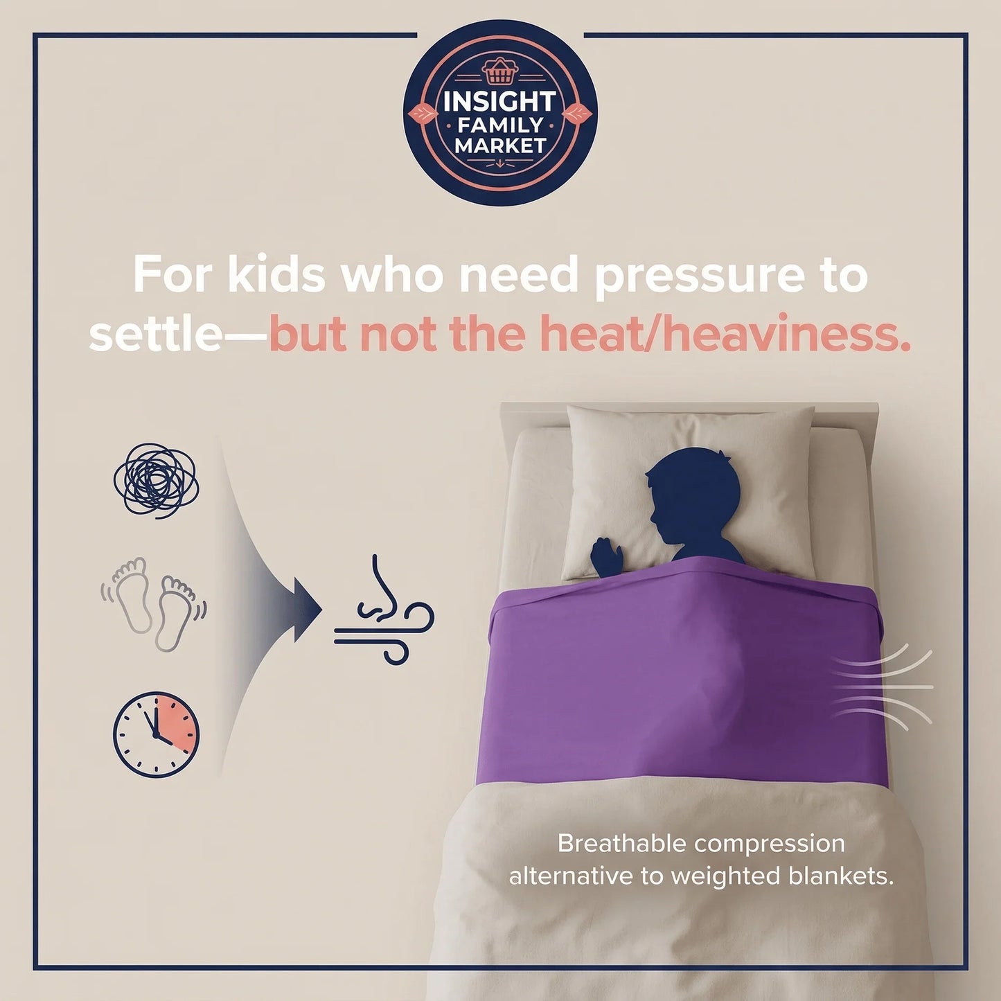 Child using purple breathable compression sheet for calming sleep support, alternative to weighted blanket.