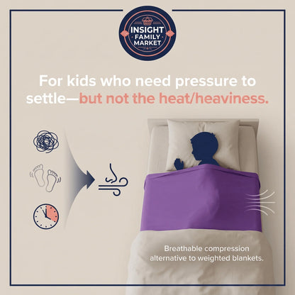 Child using purple breathable compression sheet for calming sleep support, alternative to weighted blanket.