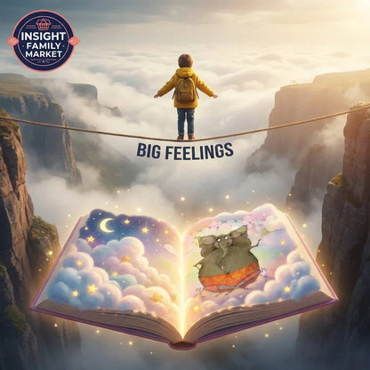 Child on rope above clouds labeled 'Big Feelings' with open storybook, sensory-friendly concept