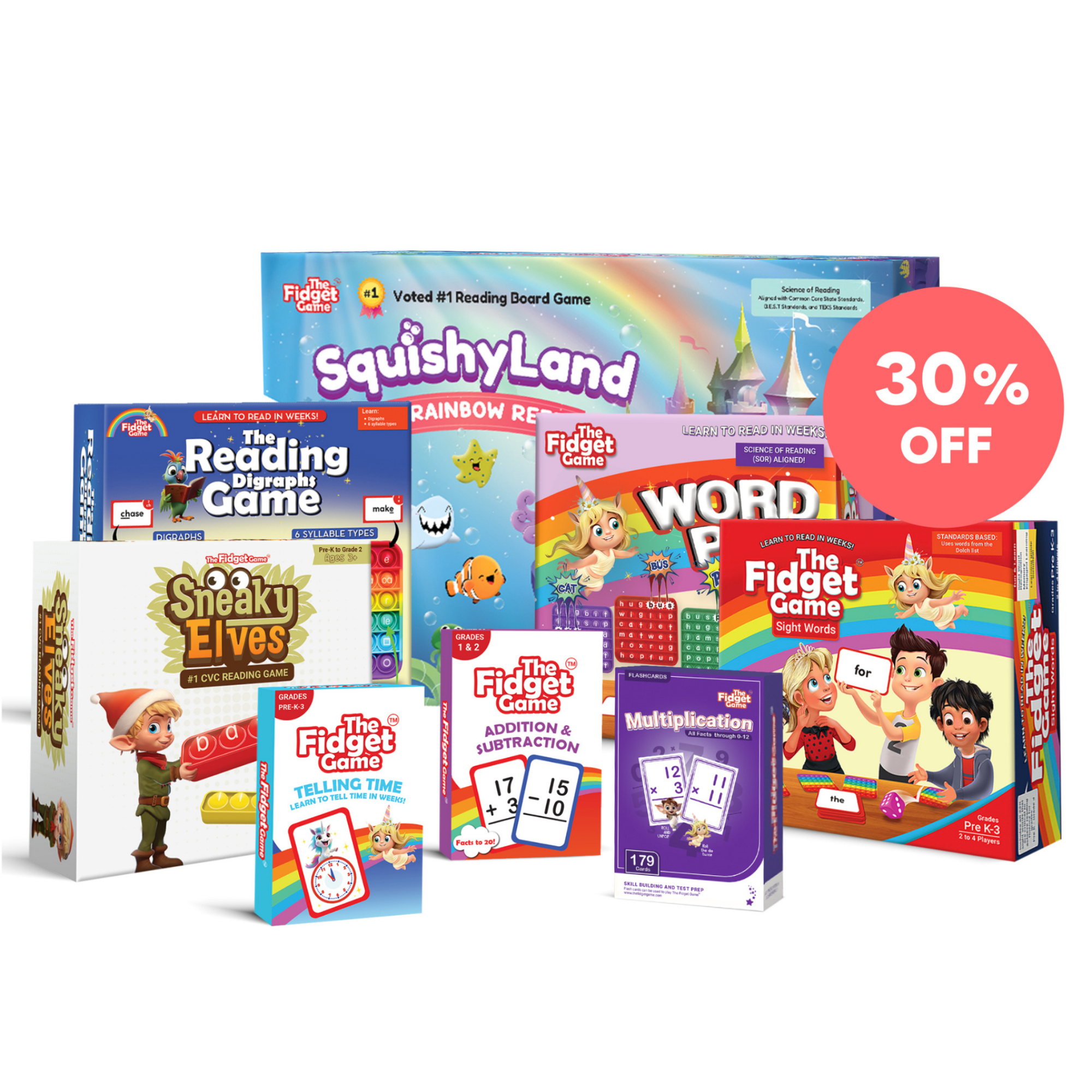 Collection of educational board games with promotional text on a white background