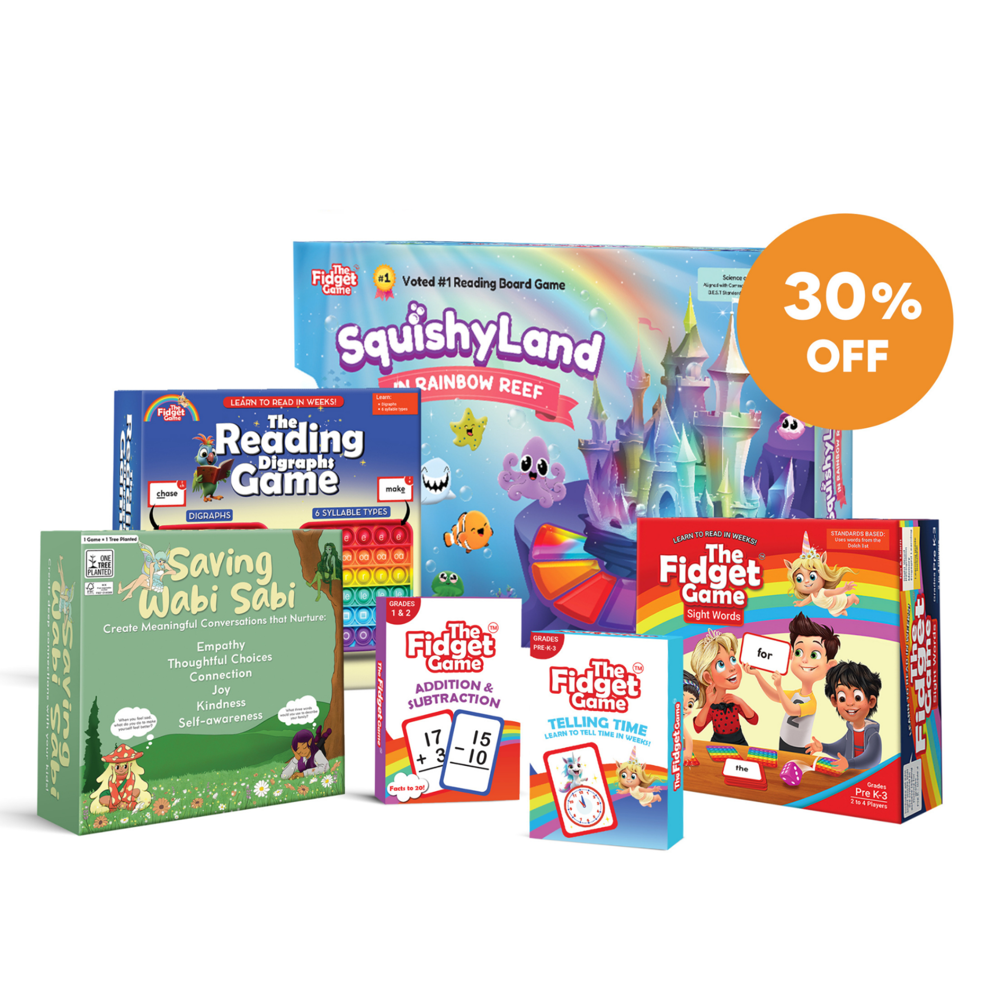 Collection of educational board games with promotional text on a white background