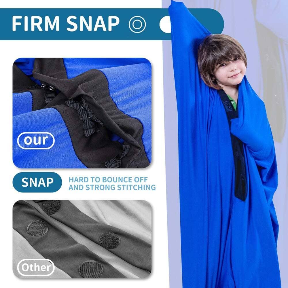 Child in a blue sensory swing comparing strong snap closures with soft fabric, sensory support