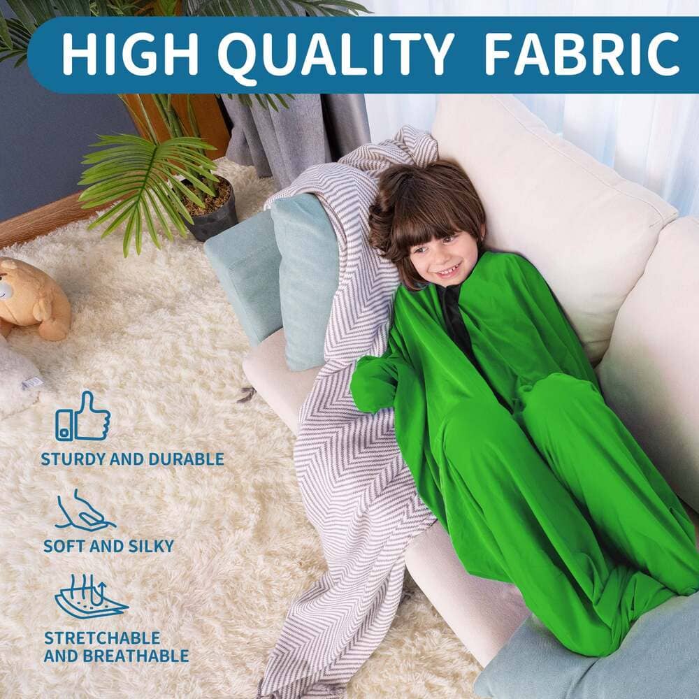 Child in a green sleeping bag on a couch with text about high-quality fabric