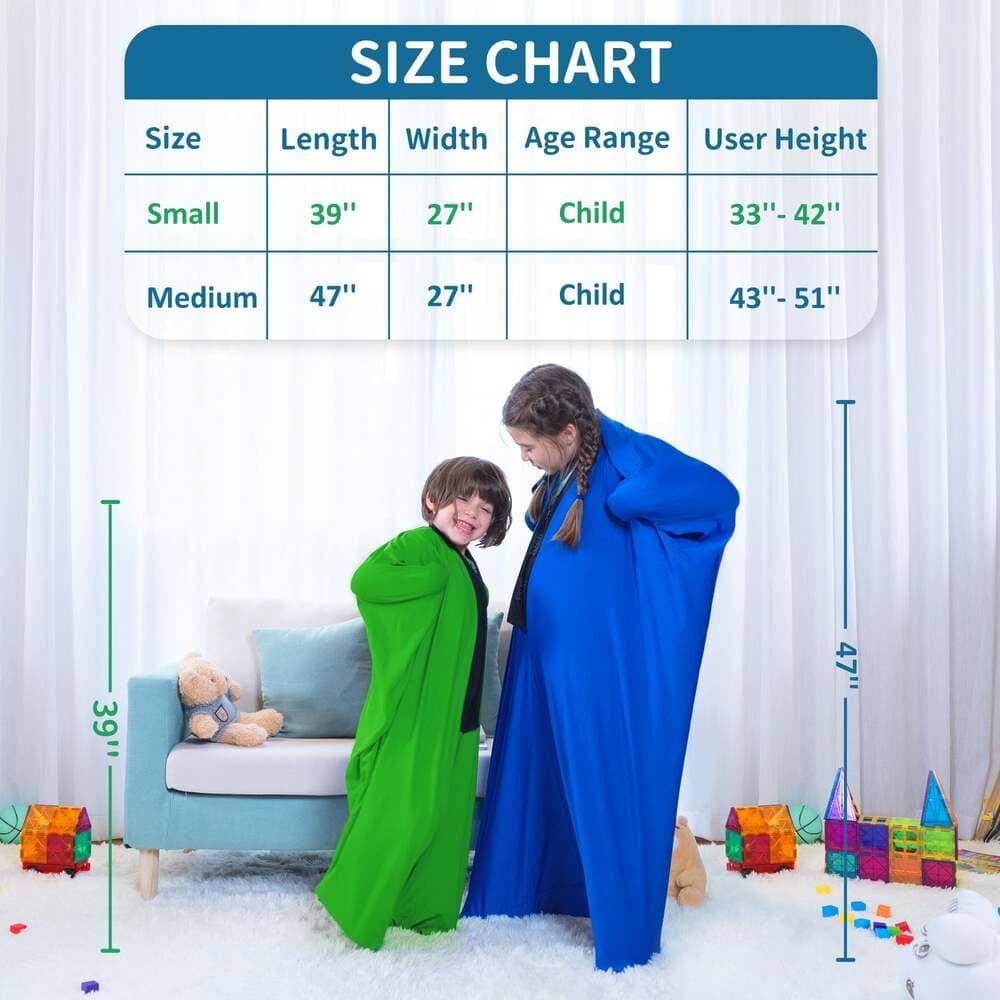 Children wearing green and blue sensory body socks with visible size chart, sensory room setting