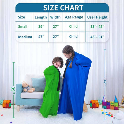 Children wearing green and blue sensory body socks with visible size chart, sensory room setting