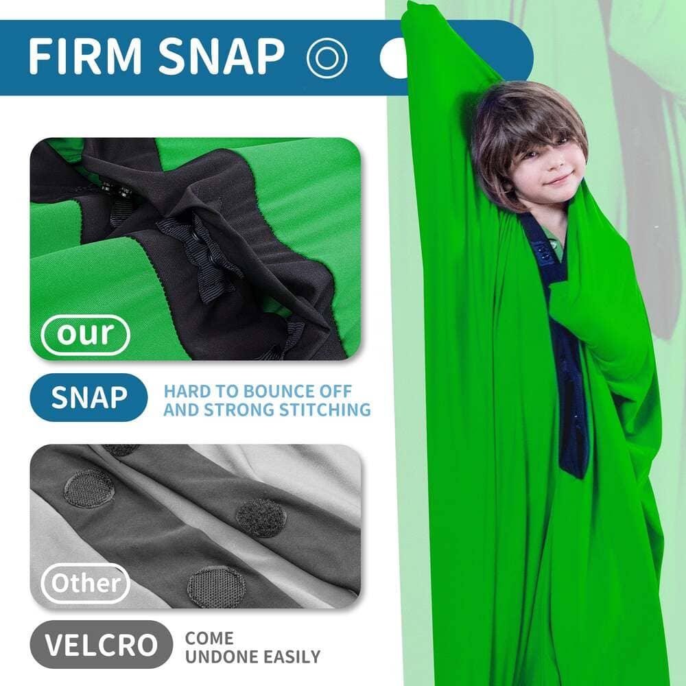 Child in green sensory body sock with firm snap closure, comparison to velcro for sensory support