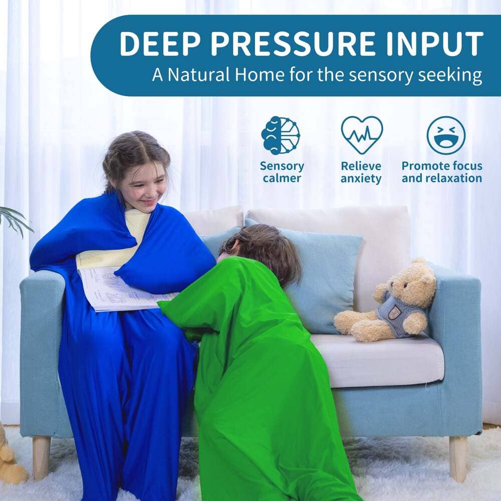 Two people wrapped in blue and green swaddles on a couch with text about deep pressure input and its benefits.
