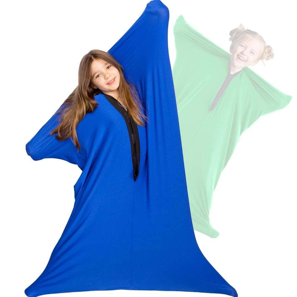 Child wearing blue sensory body sock stretching fabric, sensory tool for kids