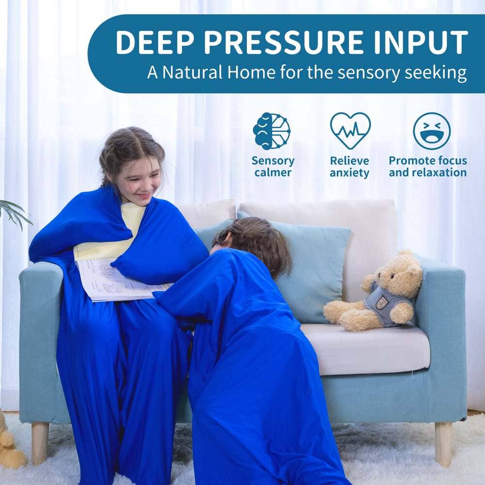 Two people wrapped in a blue blanket on a couch with text about deep pressure input and its benefits.