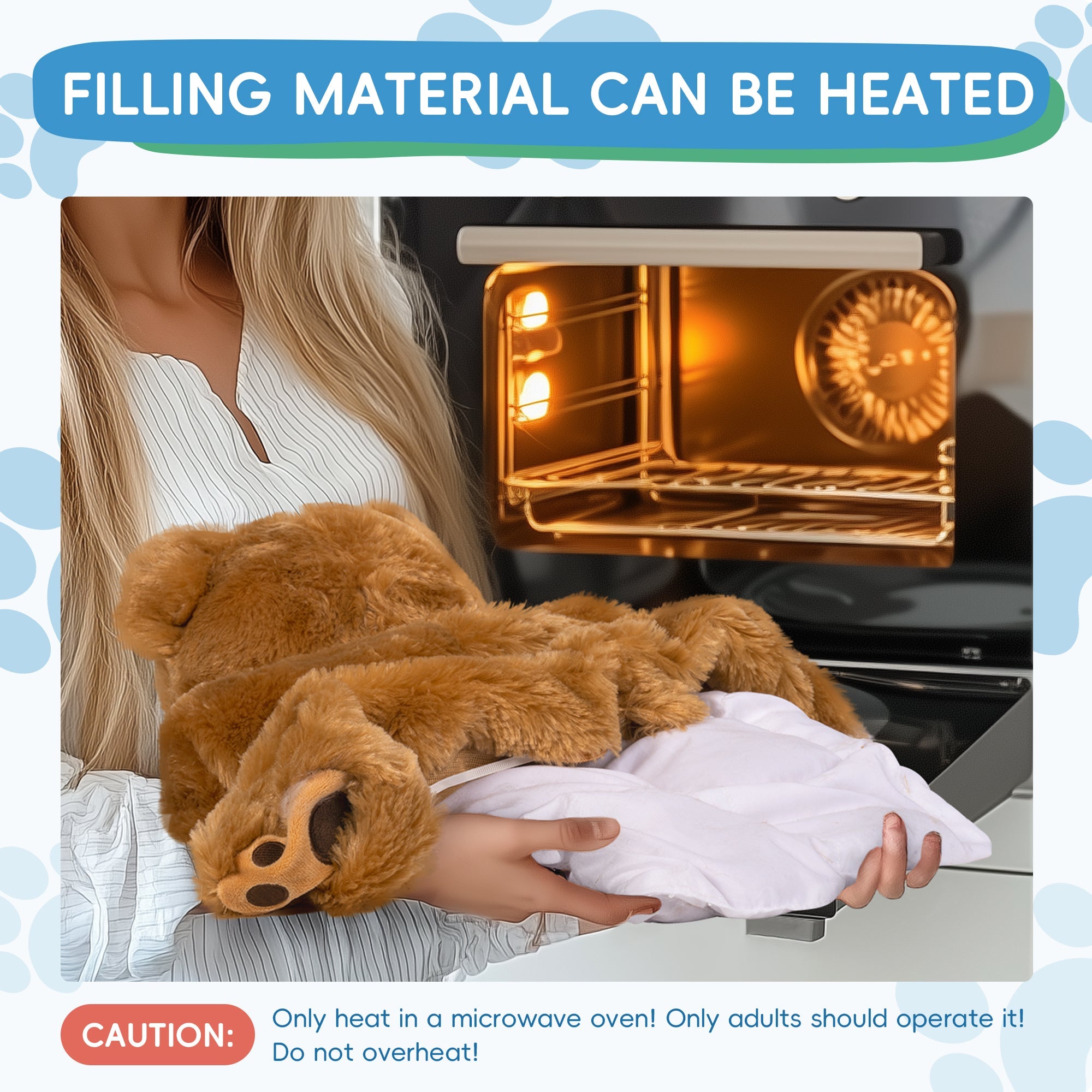 Person holding a teddy bear next to an open microwave with text about heating options.