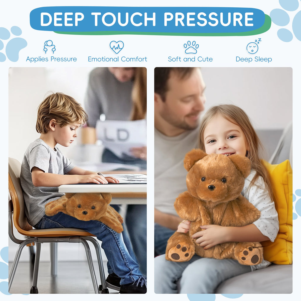 Two images showing a child with a teddy bear at a desk and a child holding a teddy bear, with text about deep touch pressure.