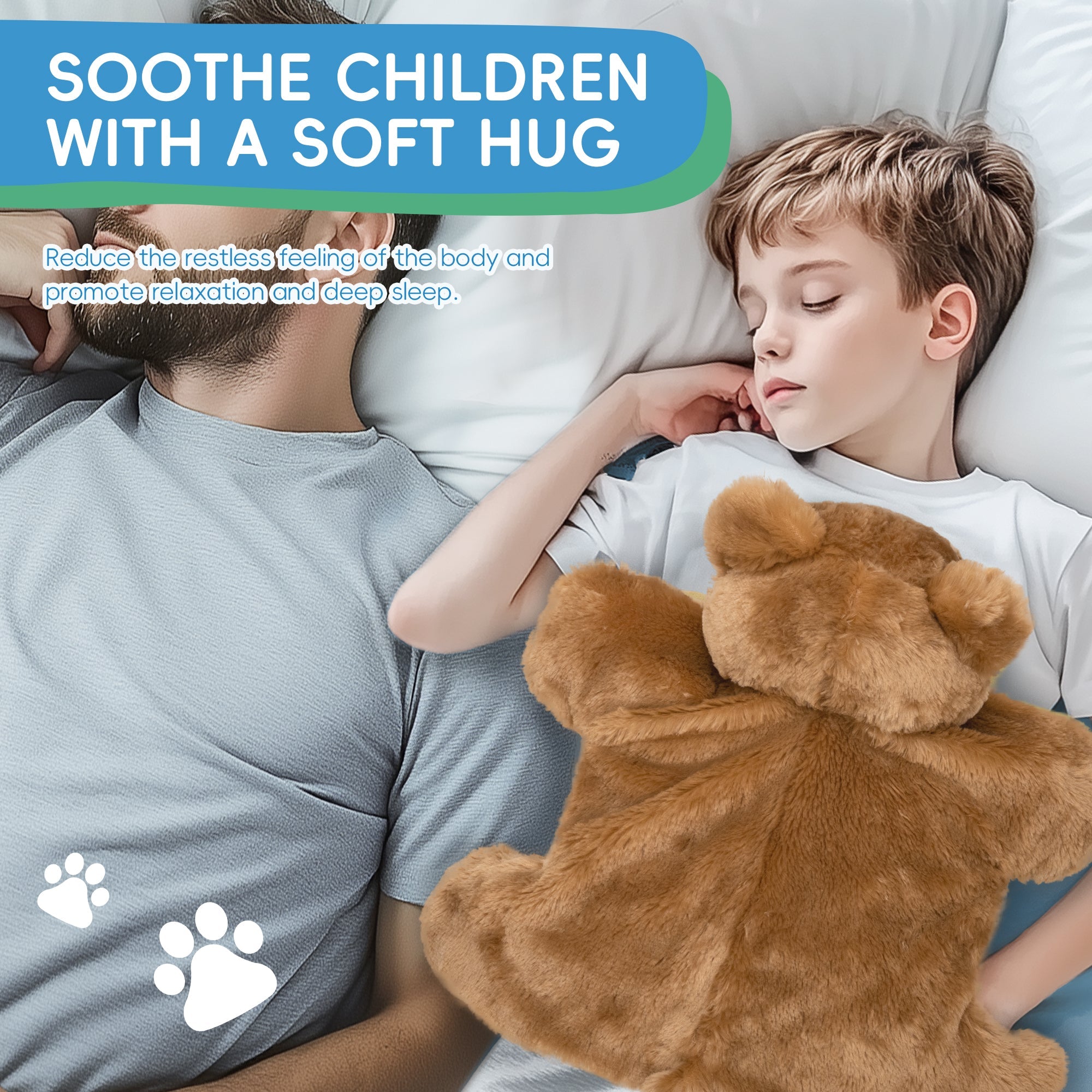 Child holding a teddy bear with text about soothing children with a soft hug