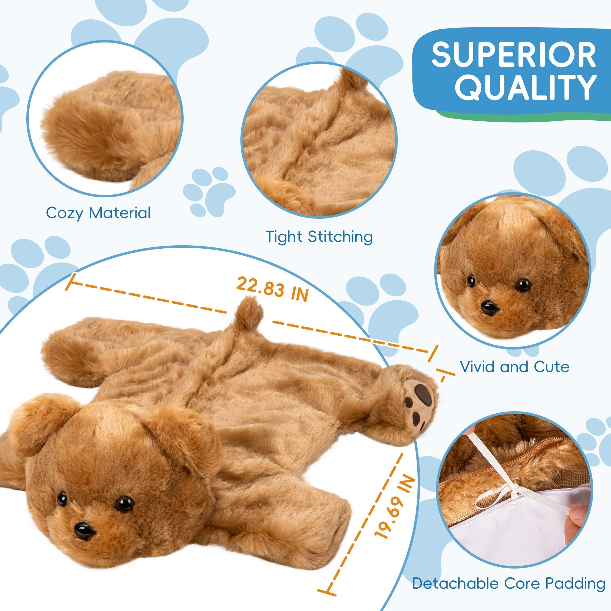Brown teddy bear with quality features highlighted on a blue paw print background