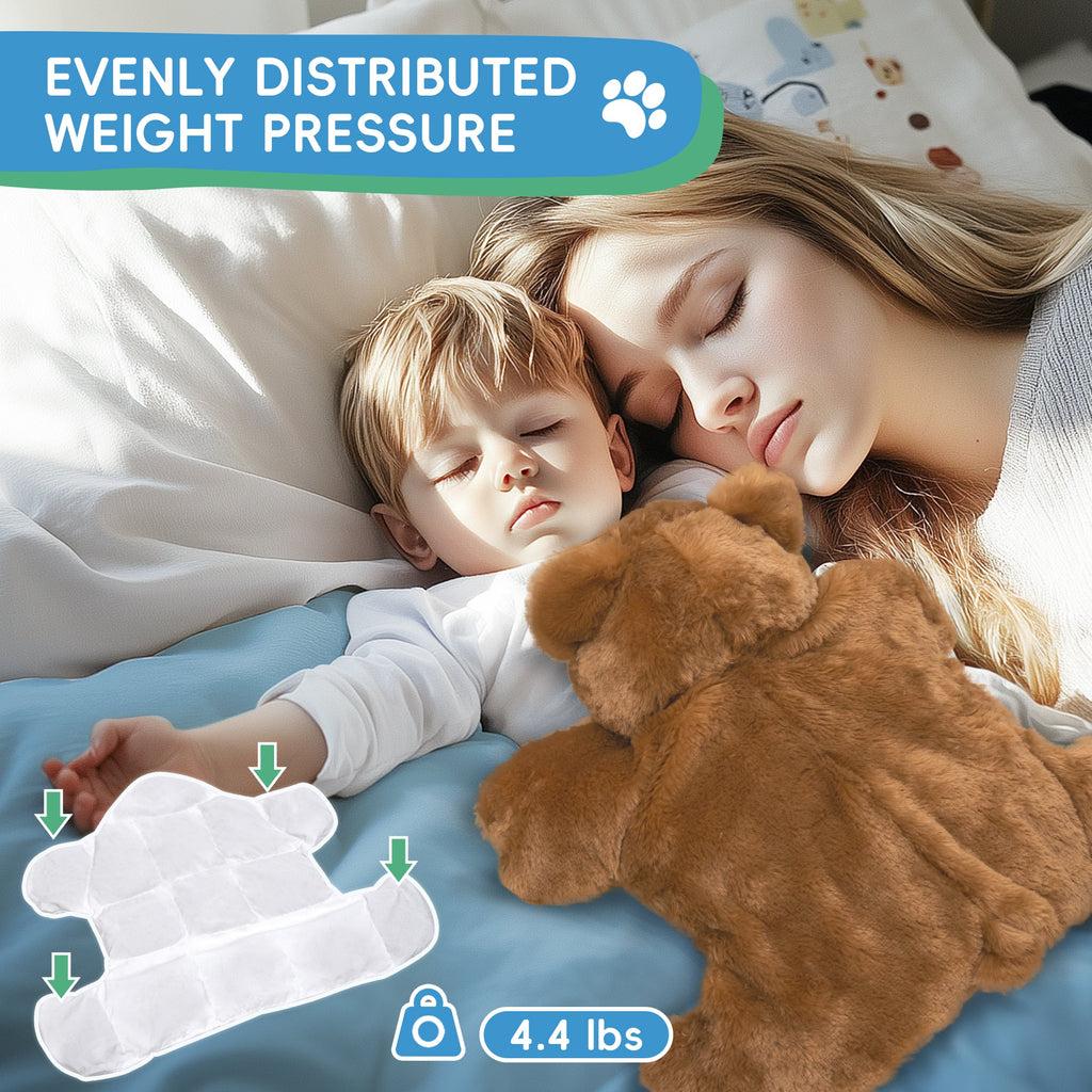 Woman and child sleeping together with a teddy bear, emphasizing even weight distribution.