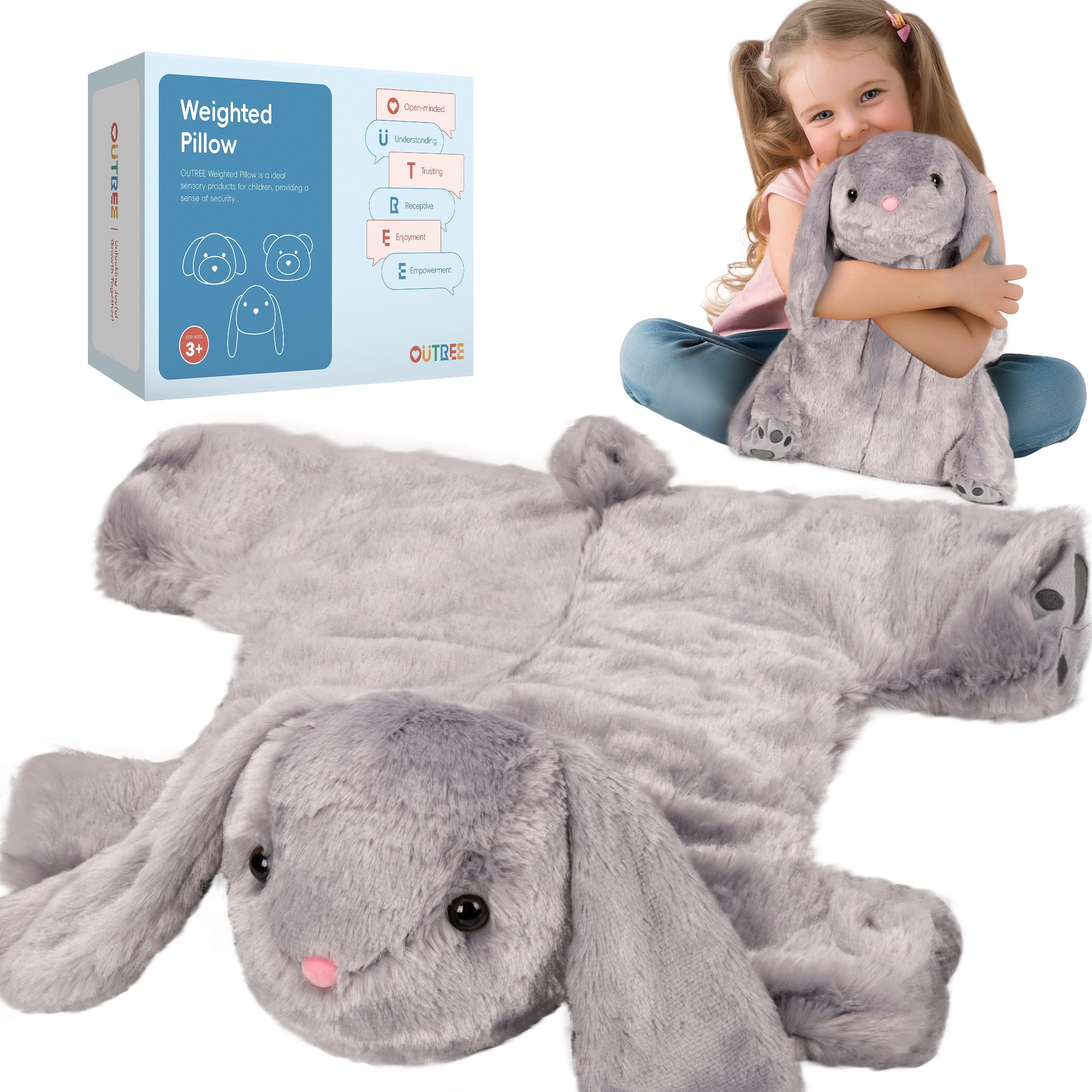 Gray plush bunny toy with a child holding it, and a weighted pillow packaging in the corner.