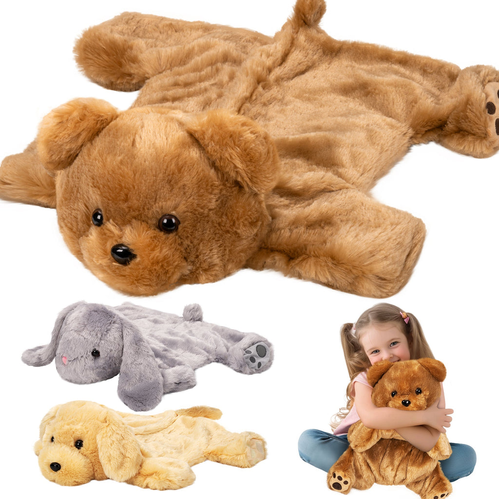 Collage of plush toys including a large brown bear, gray elephant, and smaller bears with a child holding a brown bear.