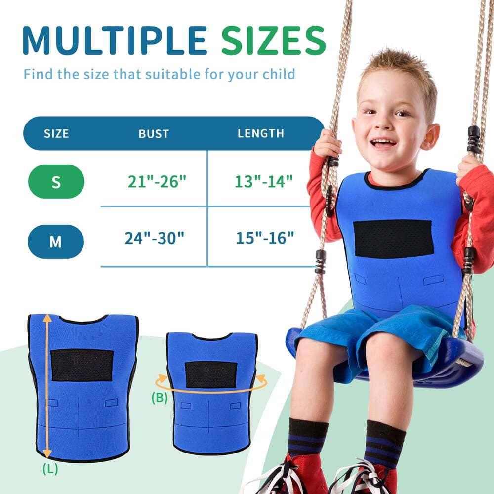 Child wearing a blue sensory compression vest on a swing, size chart for kids included.