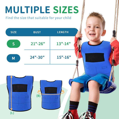 Child wearing a blue sensory compression vest on a swing, size chart for kids included.
