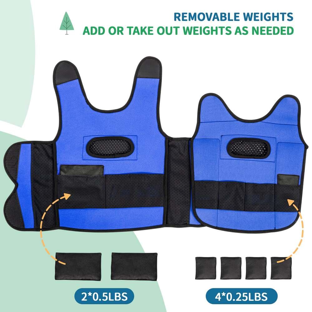 Blue weight vest with detachable weights on a light green background