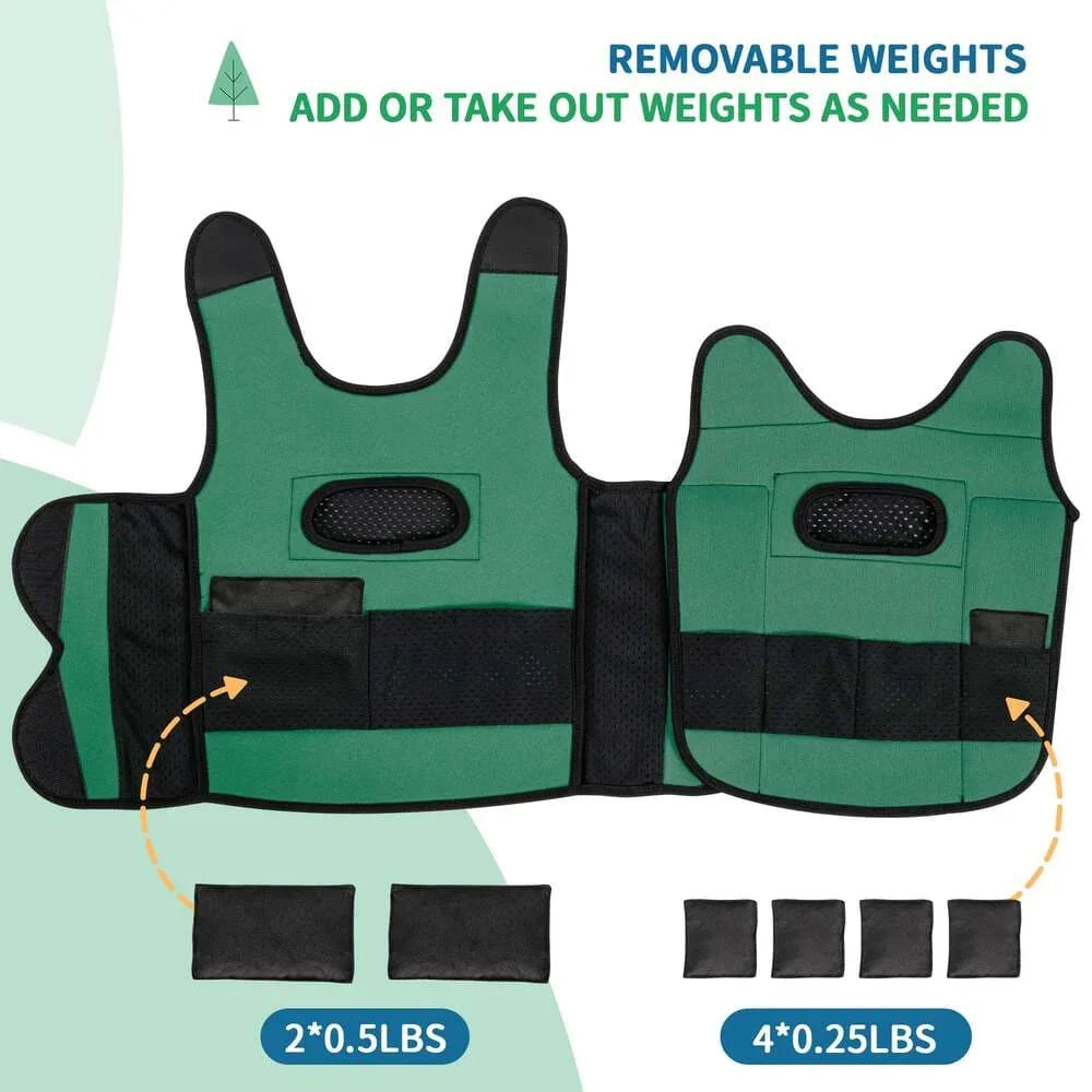 Green sensory weighted vest with removable weight pouches for kids, adjustable design.