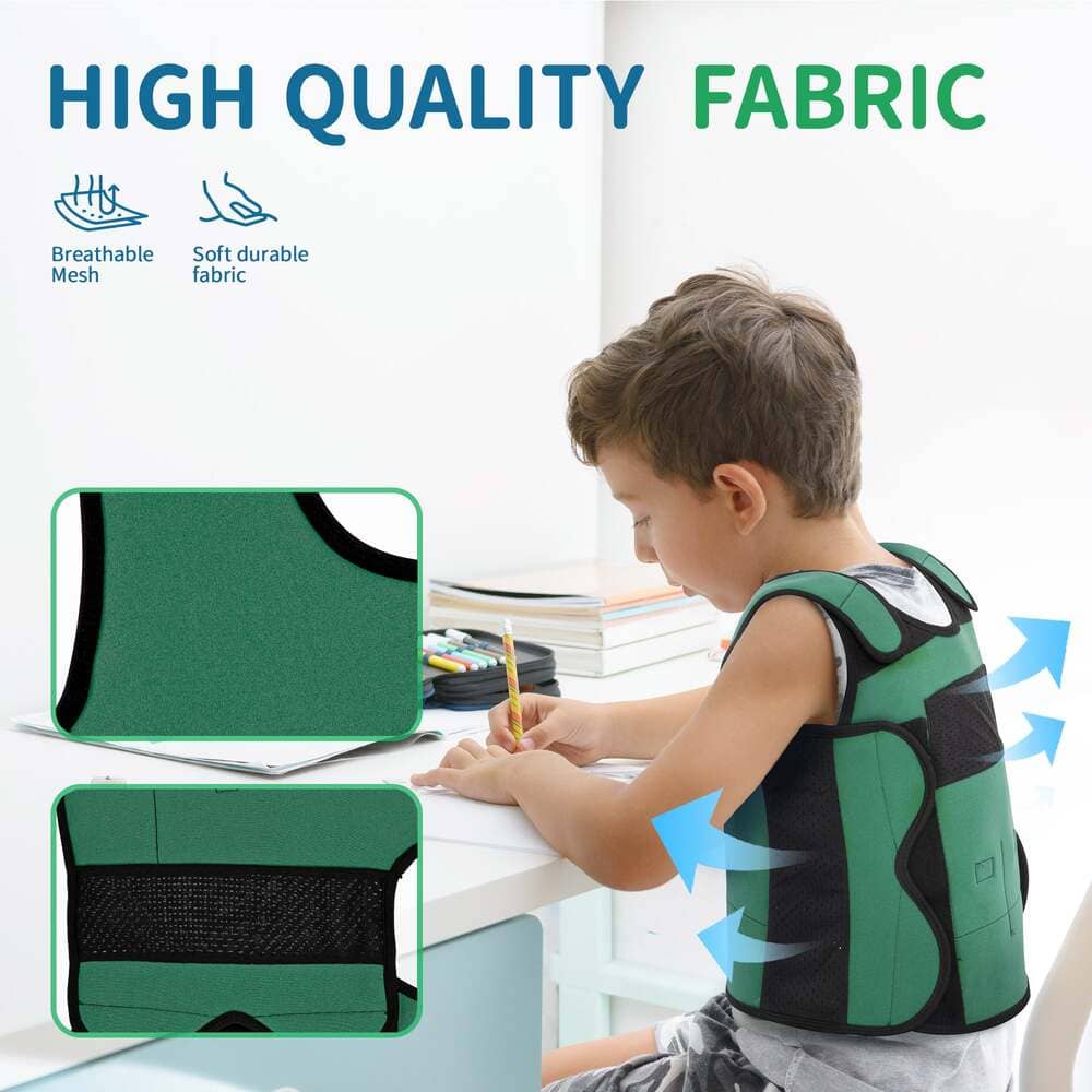 Child wearing a green and black backpack with text about high-quality fabric.