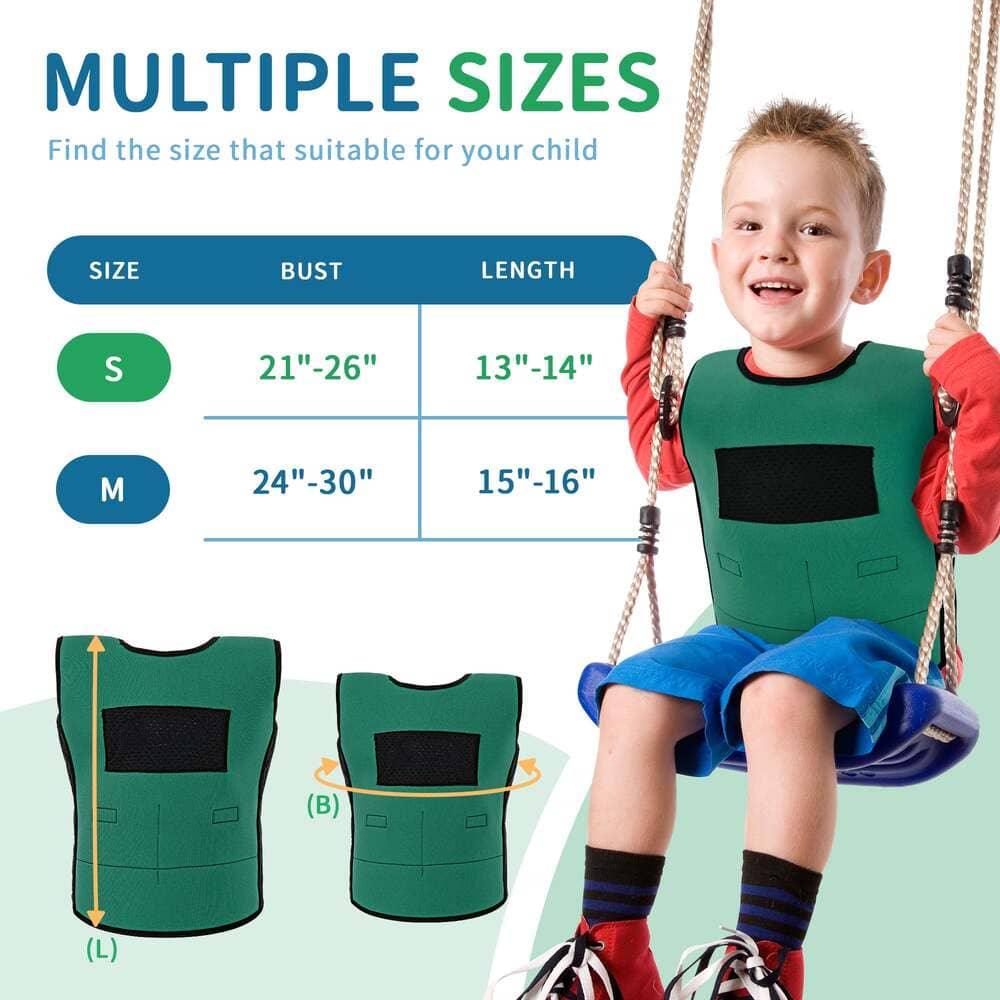 Child wearing a green sensory compression vest on a swing, size chart for kids visible.