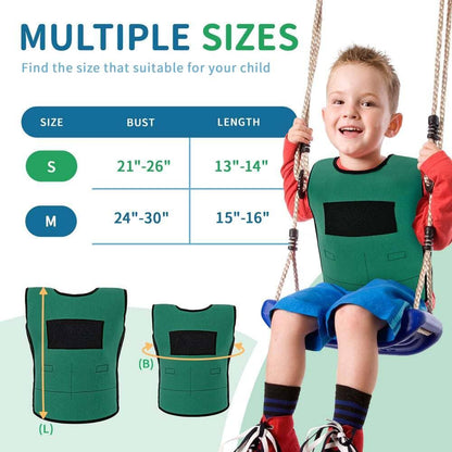 Child wearing a green sensory compression vest on a swing, size chart for kids visible.