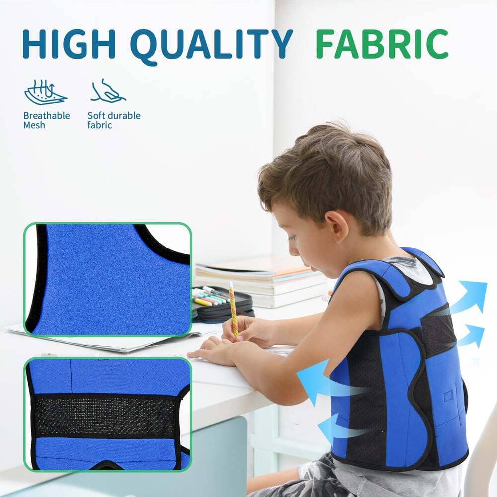 Child wearing a blue and black posture corrector with text highlighting high-quality fabric.