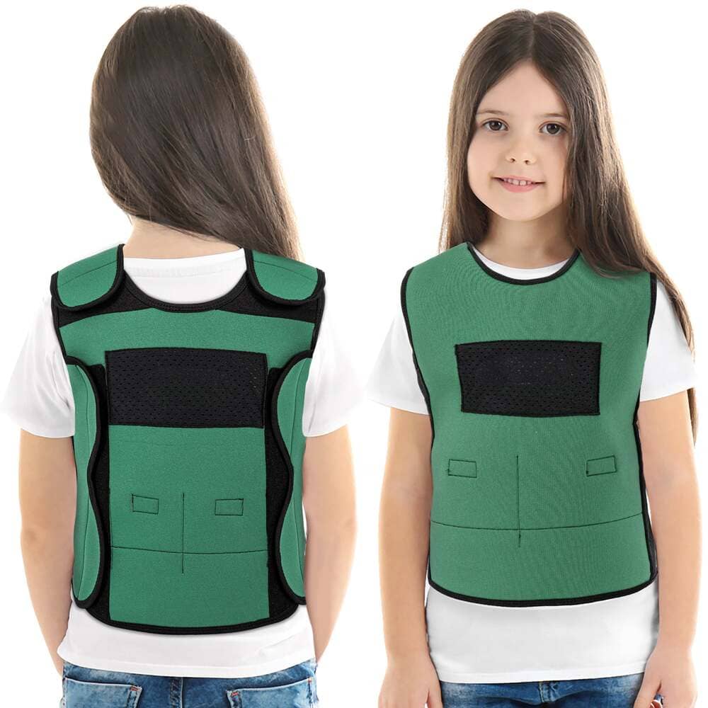 Green and black vest worn by a girl on a white background