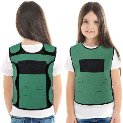 Child wearing a green sensory compression vest for autism and ADHD support