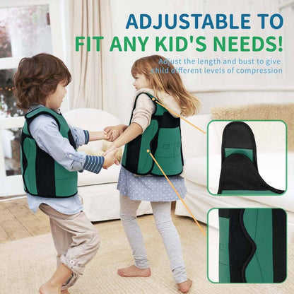 Two children wearing adjustable sensory compression vests, playing indoors.