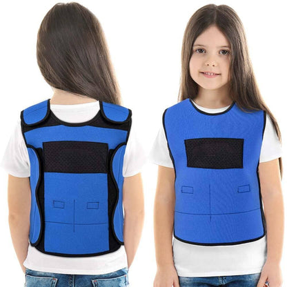 Child wearing blue sensory compression vest, front and back view, for sensory support