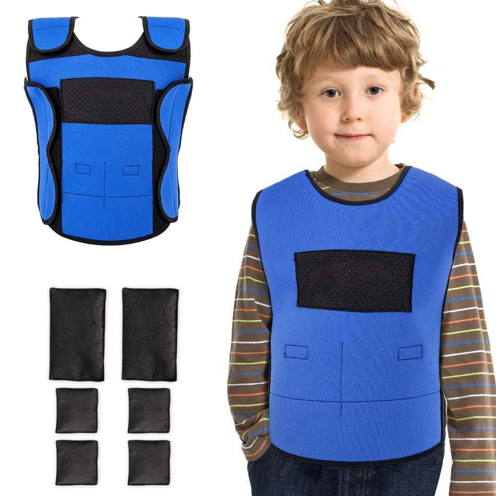 Child wearing blue sensory weighted vest with removable black inserts, shown on white background.