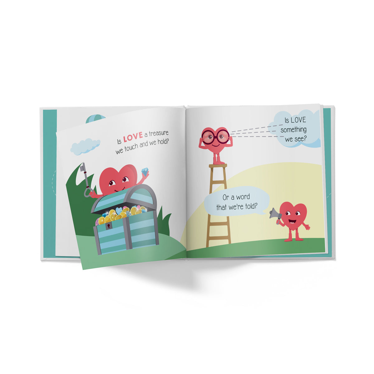 Open book with colorful illustrations of hearts and a ladder on a white background