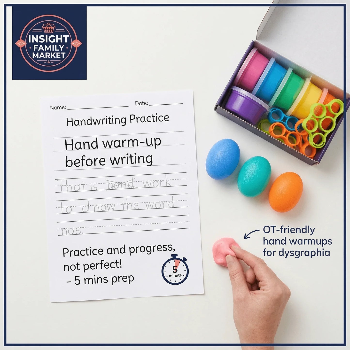 Handwriting practice sheet, sensory hand warmup toys, and OT-friendly tools for dysgraphia