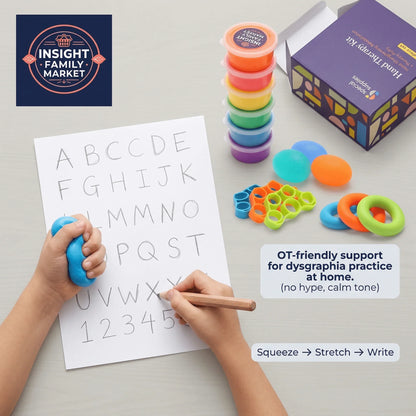Child practicing handwriting using a therapy putty kit with sensory tools for dysgraphia support.