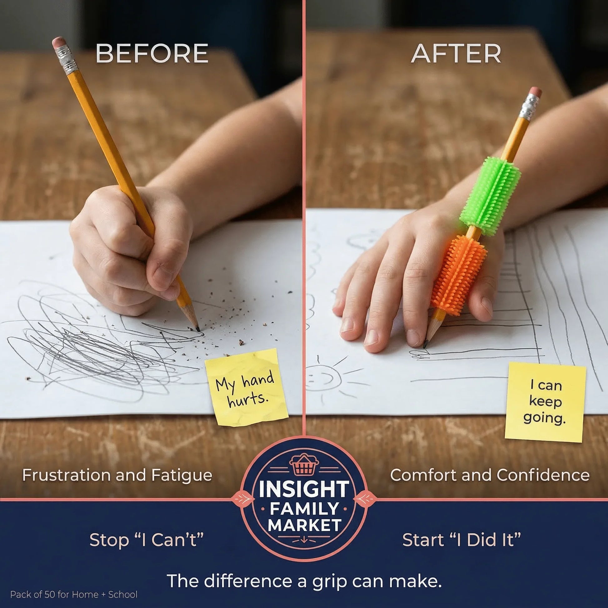 Before-and-after of child using textured pencil grip for easier handwriting, reducing hand fatigue and improving drawing quality.