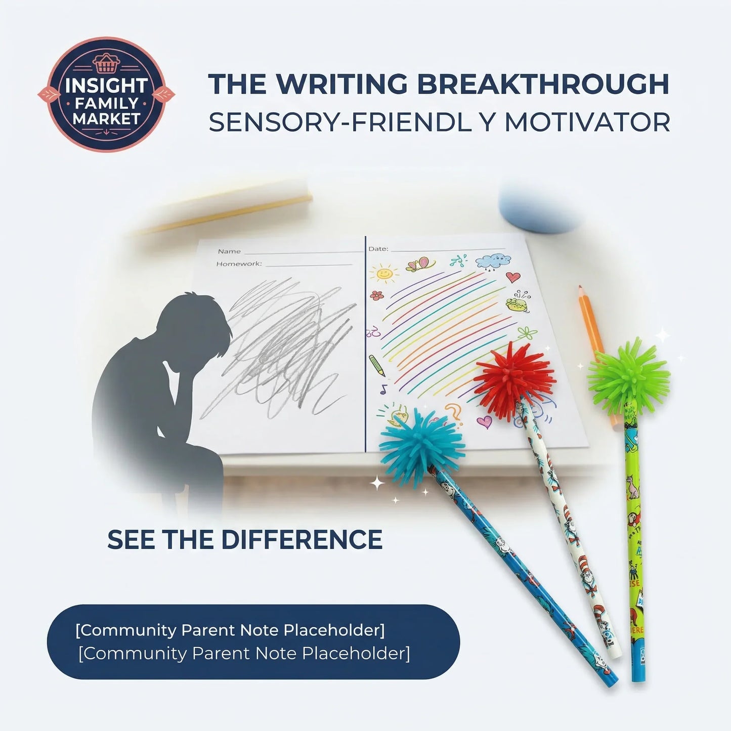 Product advertisement for a sensory-friendly motivator with a child's drawing, colorful pens, and toys on a white background.