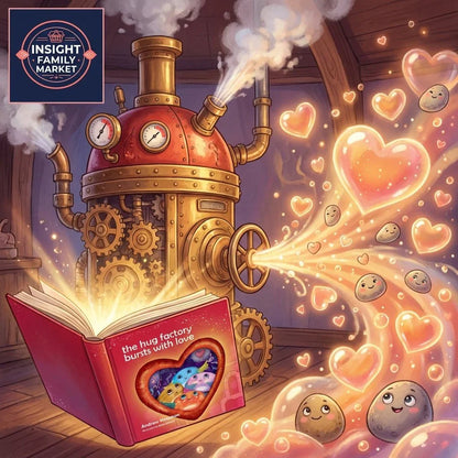 Illustrated hug factory machine with gears and steam, open children's book, glowing heart shapes and smiling stones, neurodiversity, ADHD, autism support concept.