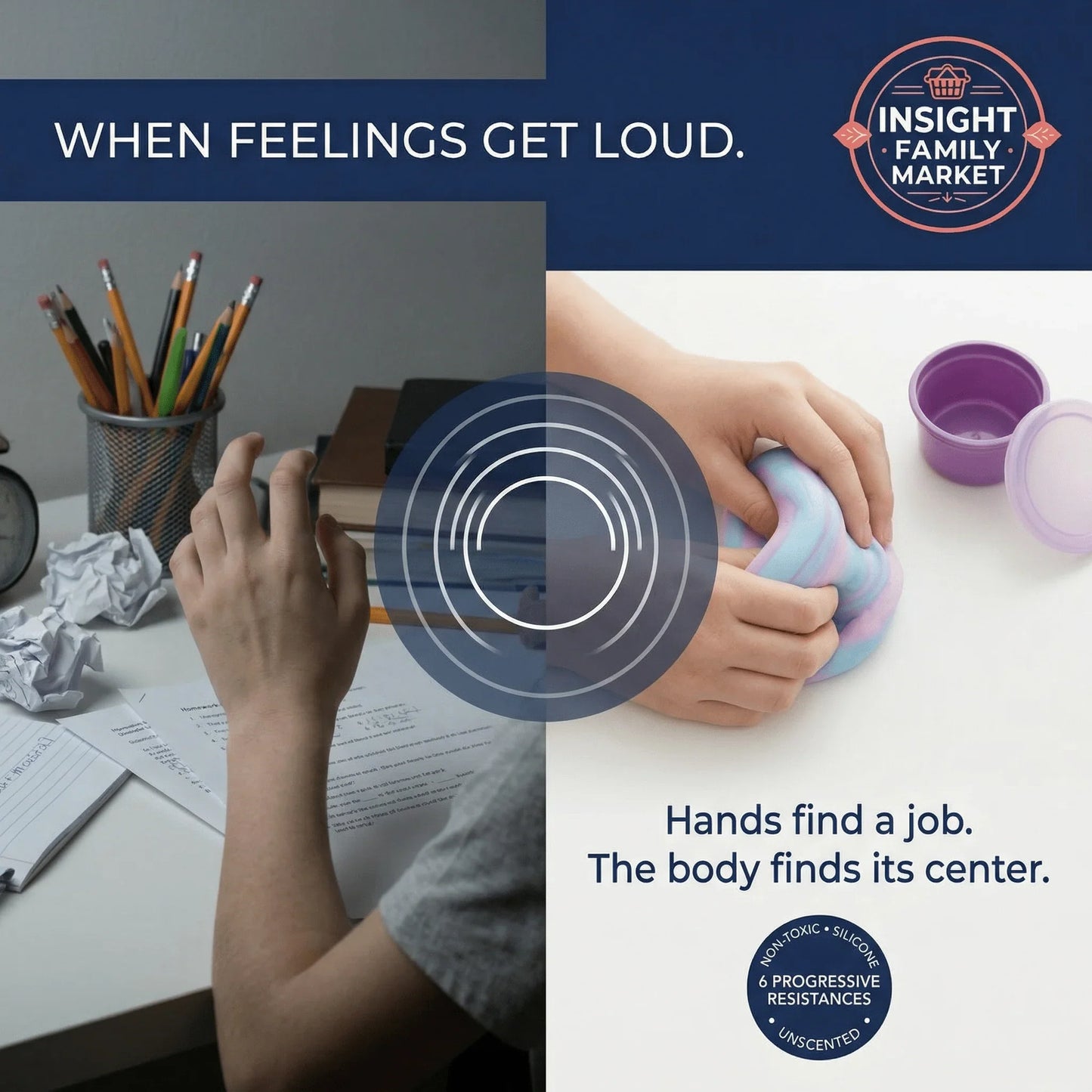 Child using a fidget toy for sensory calming, messy desk, ADHD sensory support